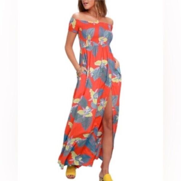 LULU'S Patsy Tropical Floral Smocked Off-Shoulder Maxi Dress Size L - Picture 11 of 12